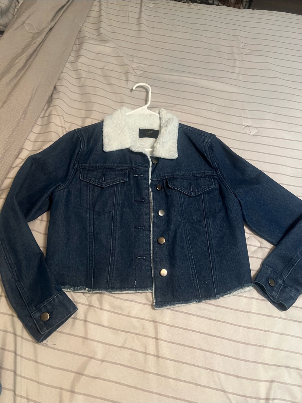 Dark Blue Denim Jacket with White Sherpa Collar - Women's Jean Jacket